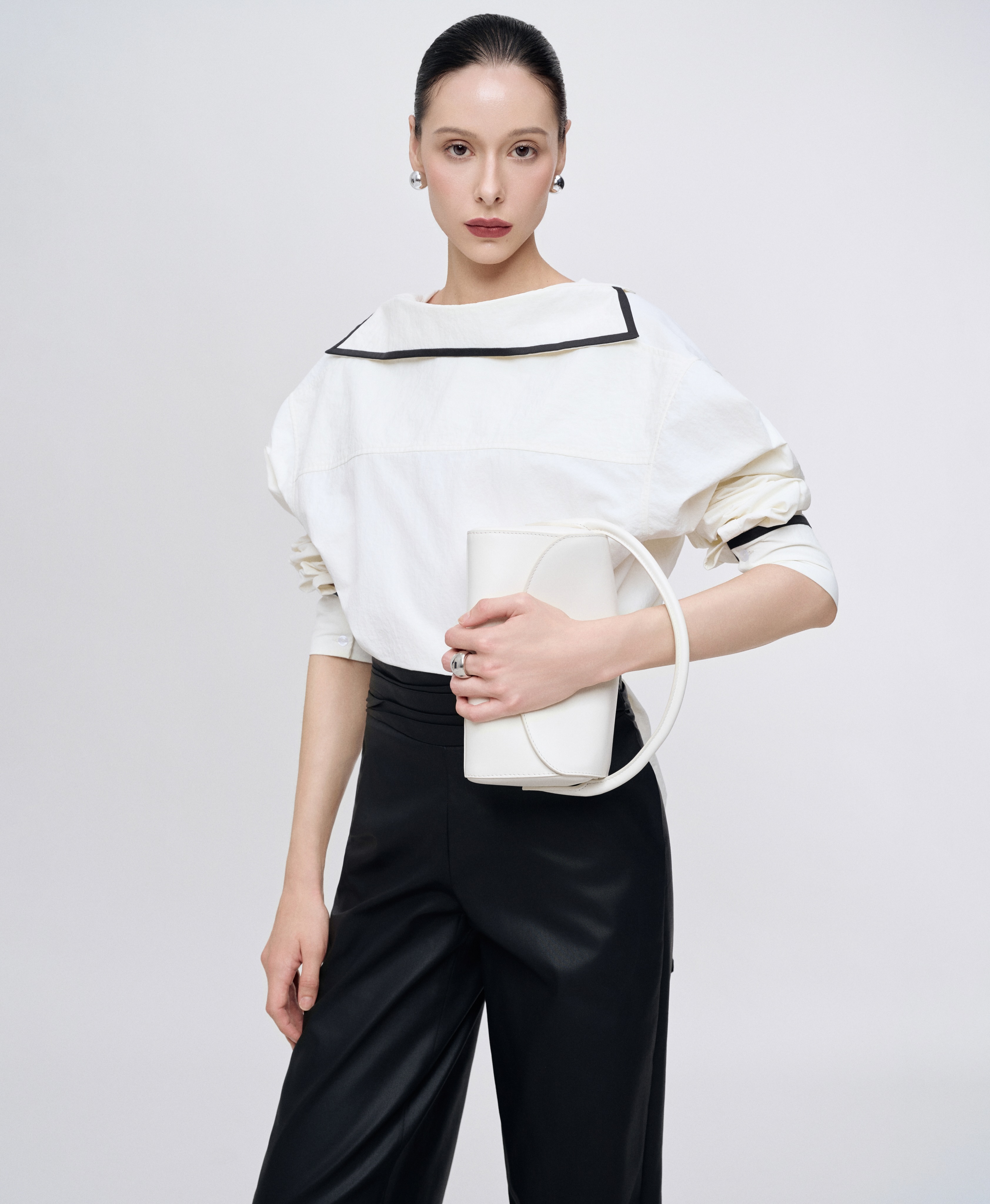 White Sailor Collar Blouse Black Wide Leg Pants