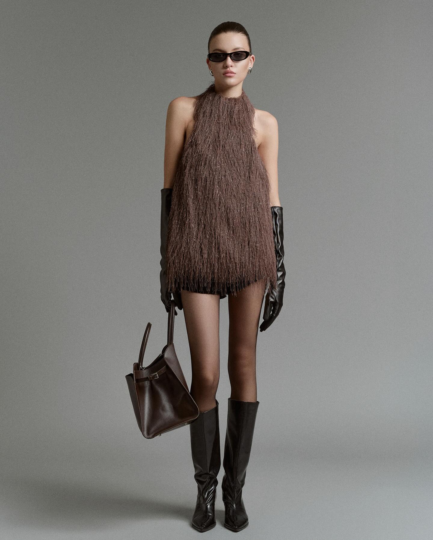 Brown Feather Mini Dress _ Black _ Brown
