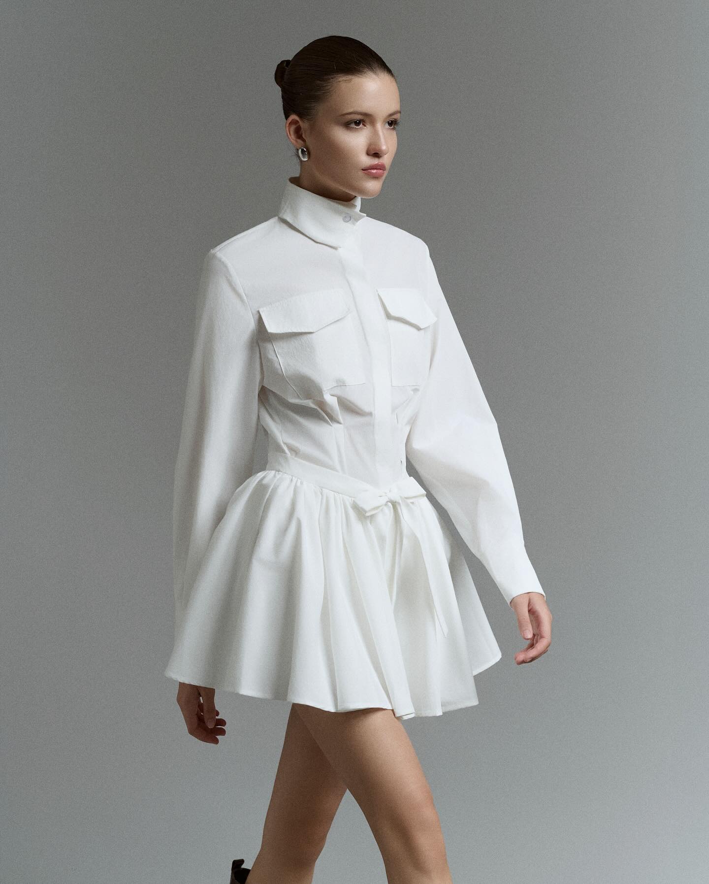 White Pleated Shirt Dress